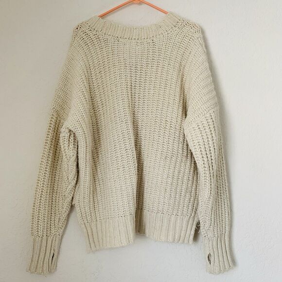 Aerie Offline Sweater Women M Cream Oversize Chunky Knit Thumb Holes Cozy Preppy - Picture 2 of 13